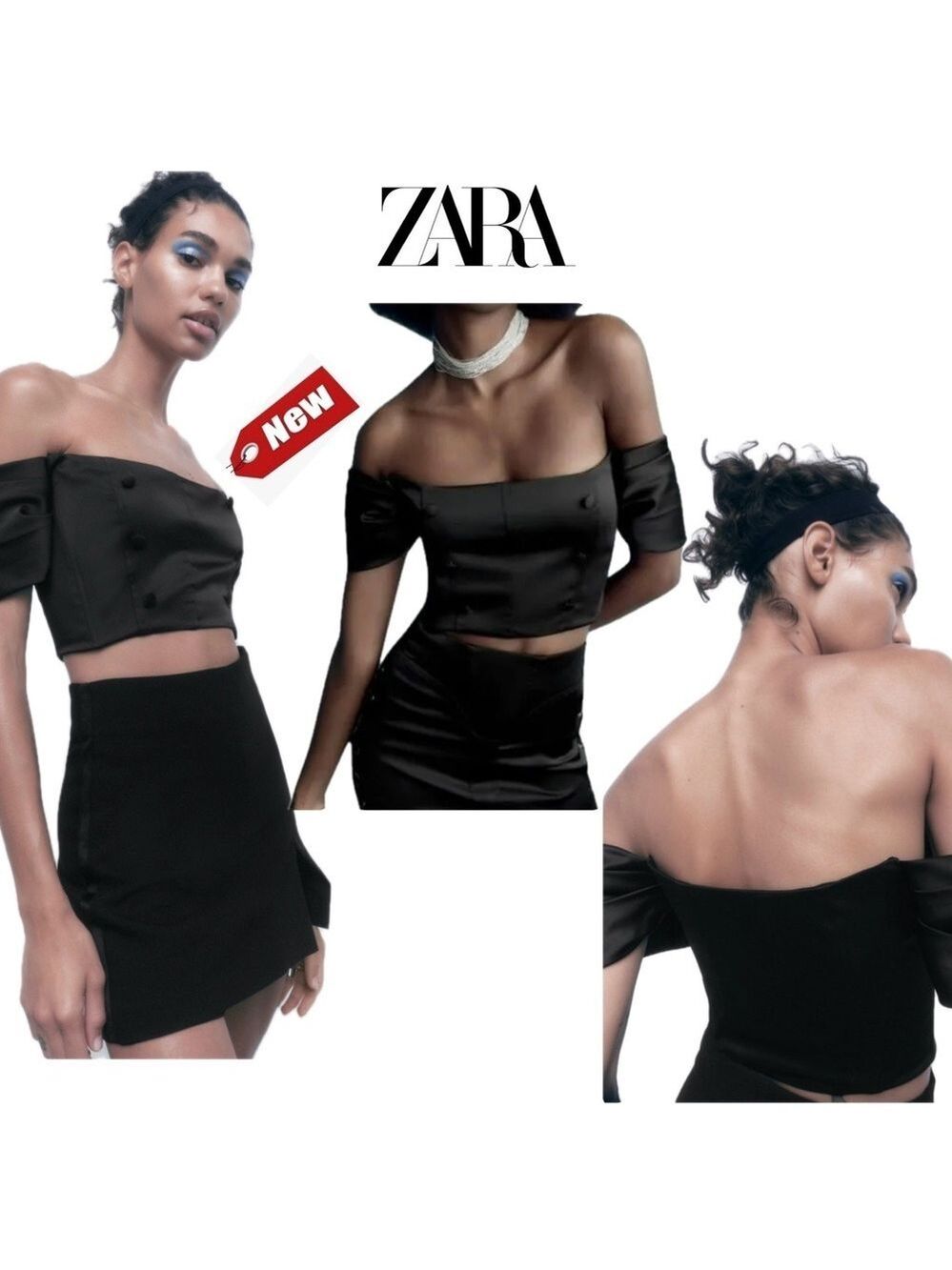 Zara Black satin effect buttoned short pleated sleeve crop top Sz L NWT
